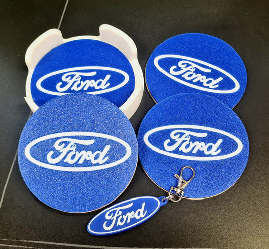 Ford Coaster & Keyring Gift Set – 3D Printed Desk & Home Accessories (Blue & White)