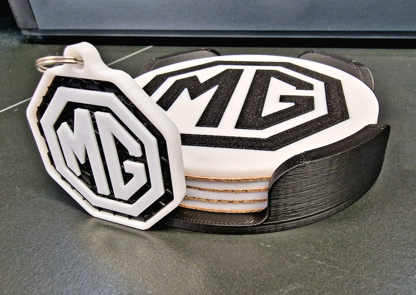 MG Coaster & Keyring Gift Set – 3D Printed Desk & Home Accessories (Black & White)