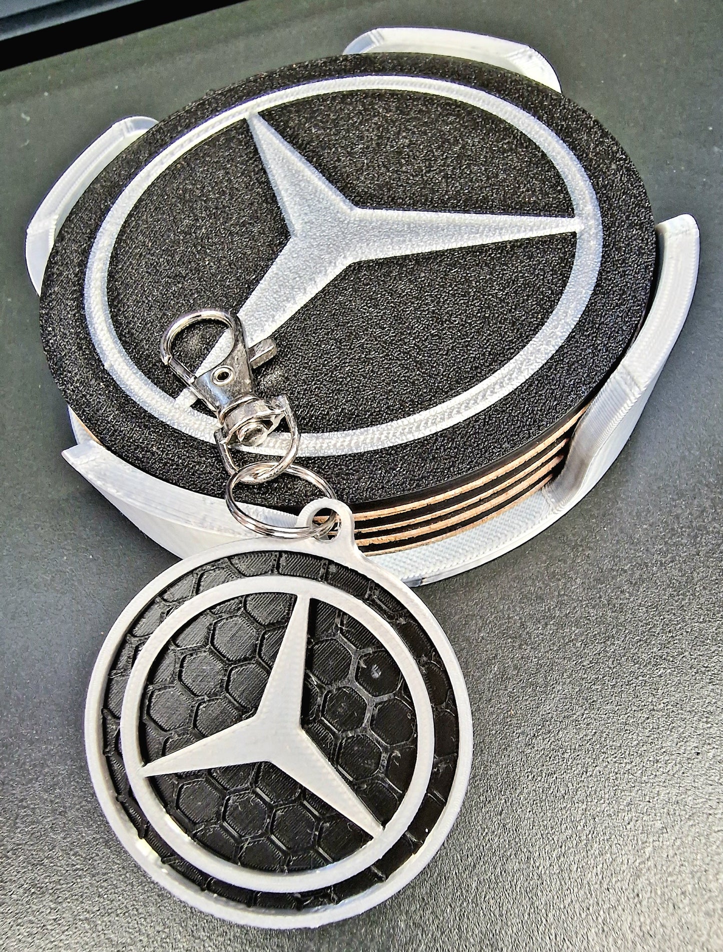Mercedes Coaster & Keyring Gift Set – 3D Printed Desk & Home Accessories (Black & Silver)