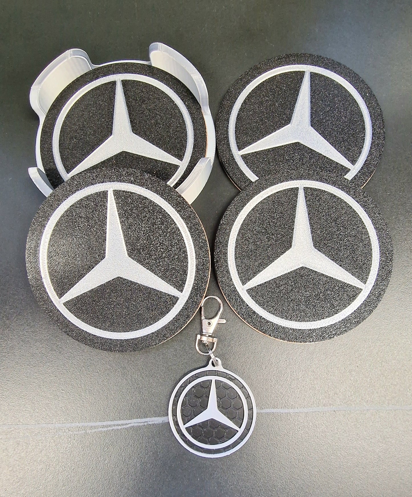Mercedes Coaster & Keyring Gift Set – 3D Printed Desk & Home Accessories (Black & Silver)