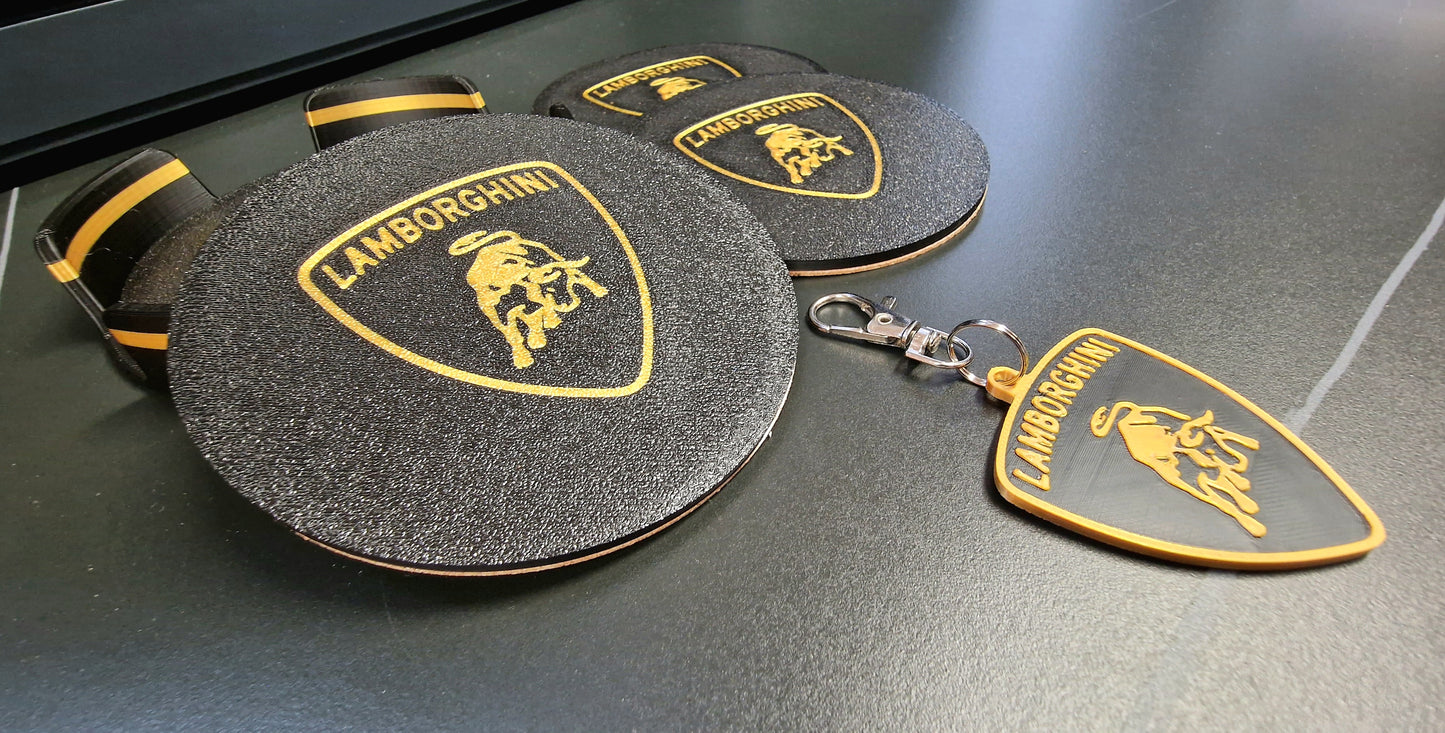 Lamborghini Coaster & Keyring Gift Set – 3D Printed Desk & Home Accessories (Black & Gold)