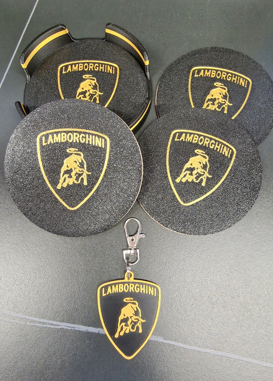 Lamborghini Coaster & Keyring Gift Set – 3D Printed Desk & Home Accessories (Black & Gold)