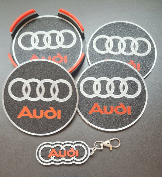 Audi Coaster & Keyring Gift Set – Desk & Home Accessories (Black, Red & Silver)