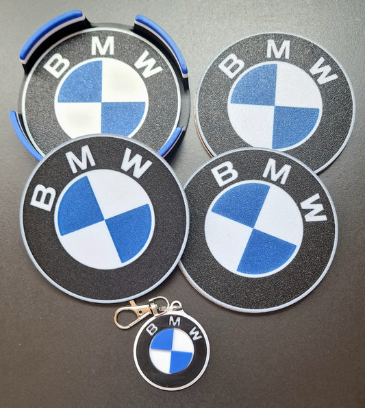 BMW Coaster & Keyring Gift Set – Desk & Home Accessories (Black, White & Blue)