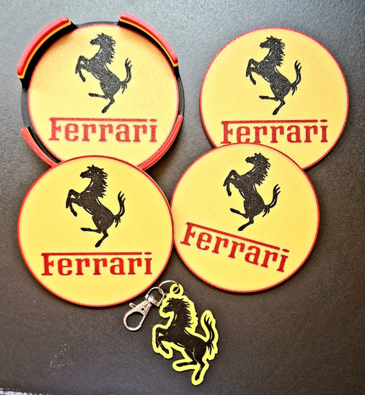 Ferrari Coaster & Keyring Gift Set – Desk & Home Accessories (Yellow, Black & Red)