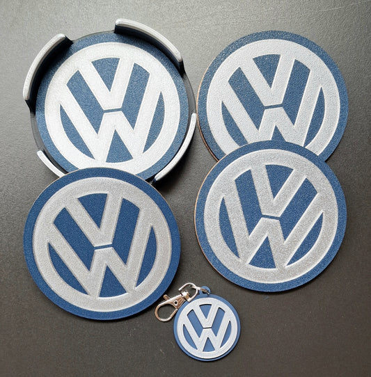 Volkswagen Coaster & Keyring Gift Set – Desk & Home Accessories (Blue & Silver)