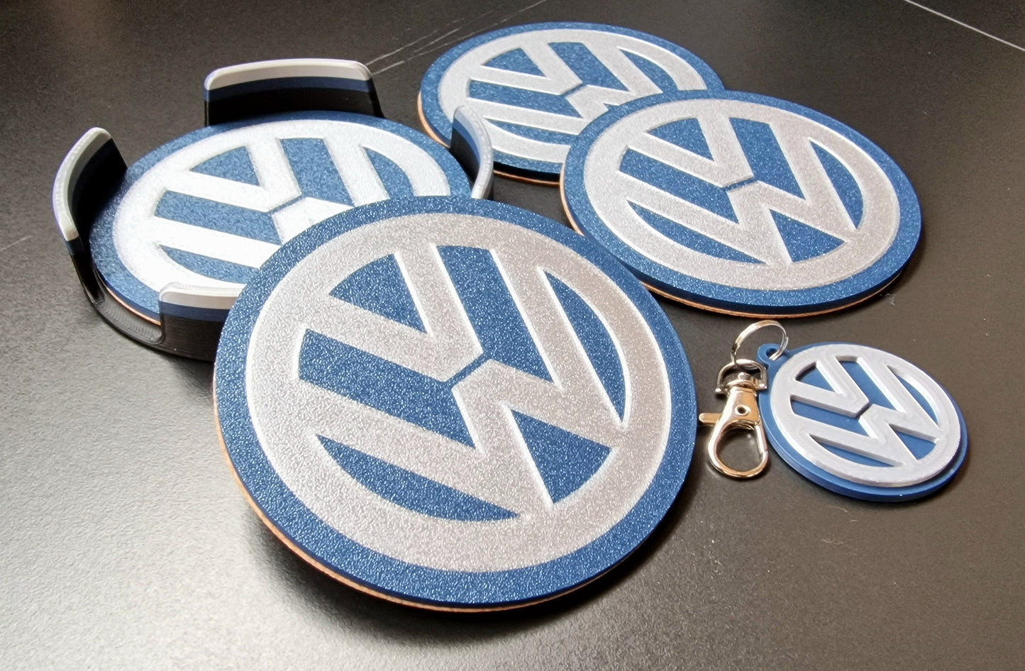 Volkswagen Coaster & Keyring Gift Set – Desk & Home Accessories (Blue & Silver)