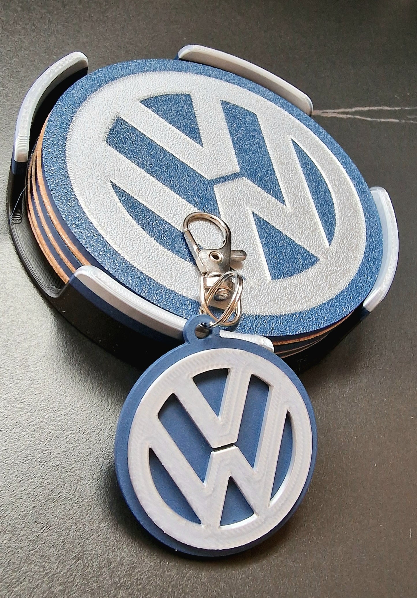 Volkswagen Coaster & Keyring Gift Set – Desk & Home Accessories (Blue & Silver)