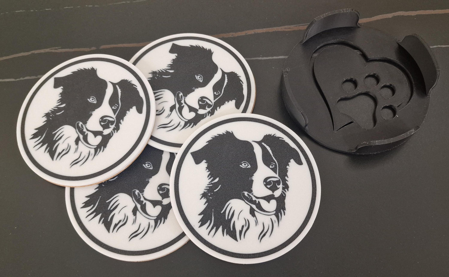 Set of 4 Collie Dog Coasters with Holder | Black & White Drink Mats | Cork-Backed Pet Lover Gift
