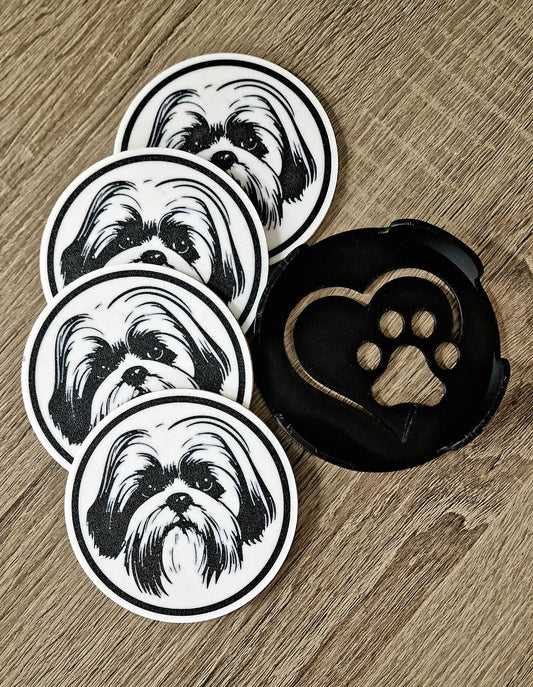 Set of 4 Shih Tzu Coasters with Holder | Black & White Dog Breed Drink Mats | Cork-Backed Pet Lover Gift