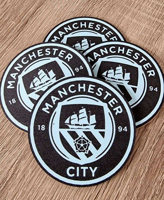 Set of 4 Manchester City Coasters | Black & Blue Drink Mats | Football Fan Gift