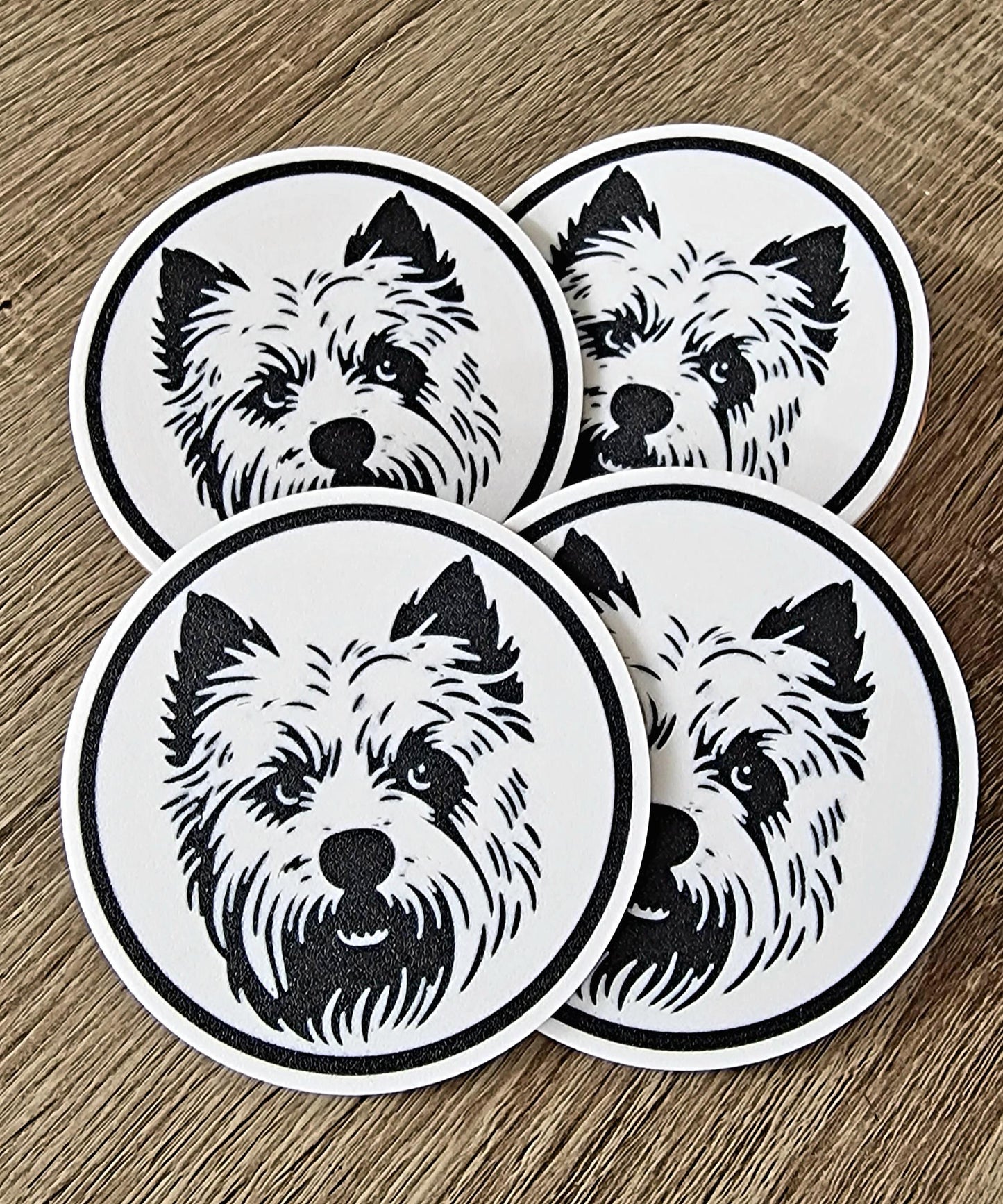 Set of 4 Westie Coasters with Holder | Black & White West Highland Terrier Dog Gift | Cork-Backed Drink Mats