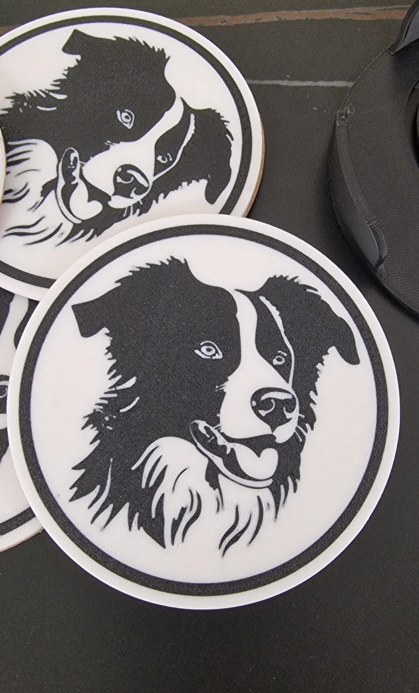 Set of 4 Collie Dog Coasters with Holder | Black & White Drink Mats | Cork-Backed Pet Lover Gift