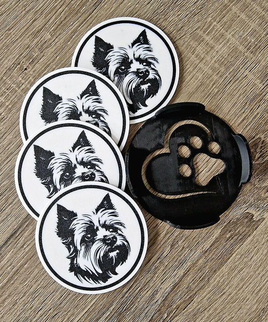 Set of 4 Yorkshire Terrier Coasters with Holder | Black & White Dog Breed Drink Mats | Cork-Backed Pet Lover Gift