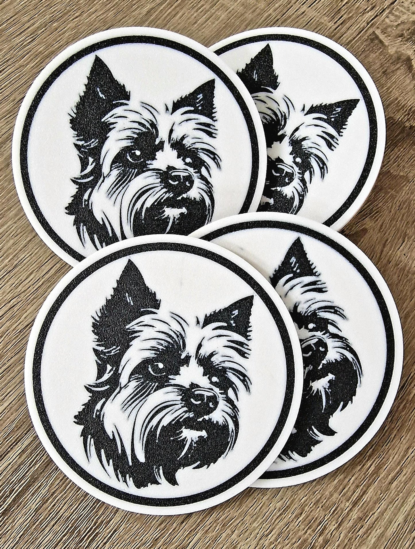 Set of 4 Yorkshire Terrier Coasters with Holder | Black & White Dog Breed Drink Mats | Cork-Backed Pet Lover Gift