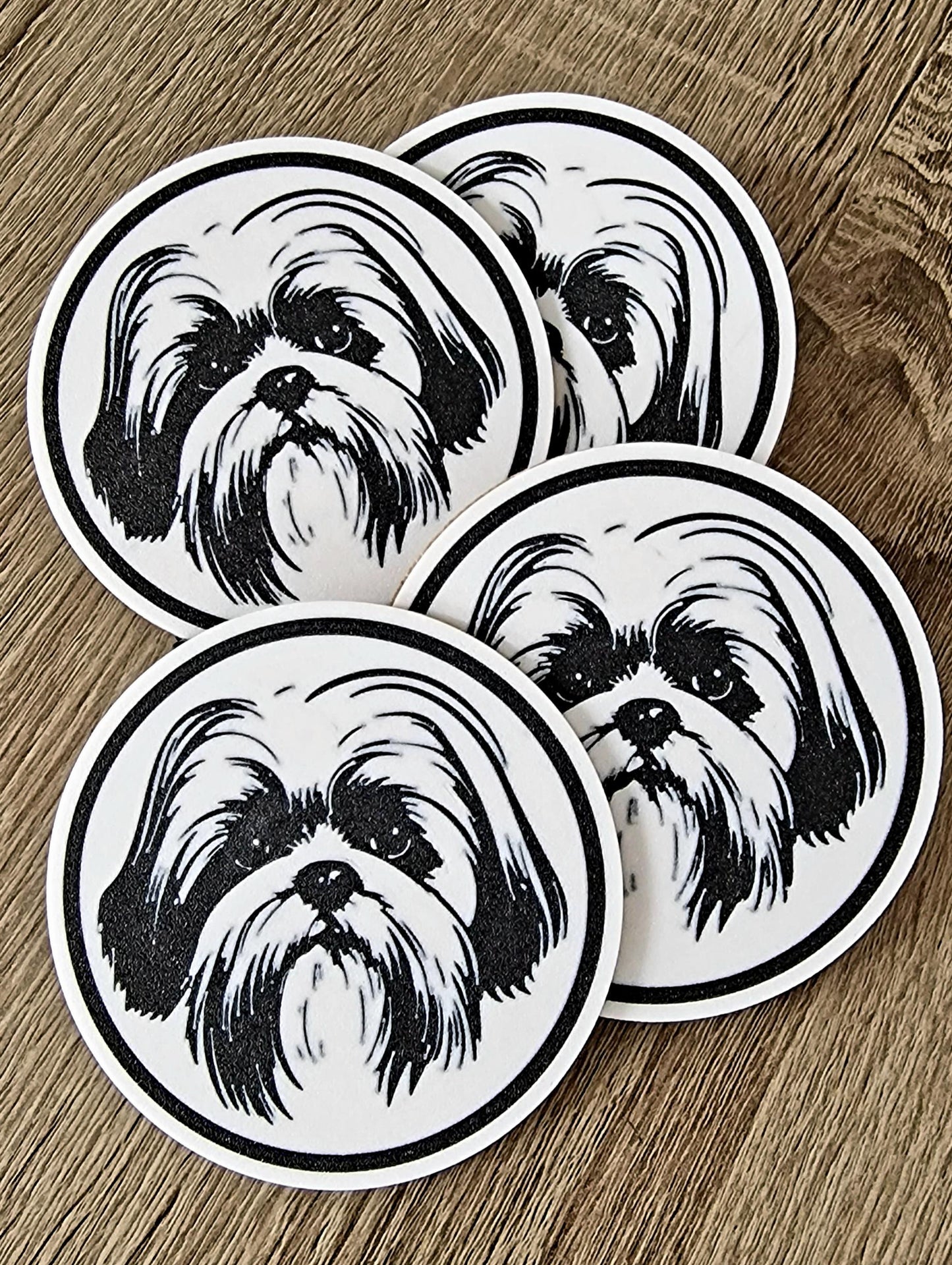 Set of 4 Shih Tzu Coasters with Holder | Black & White Dog Breed Drink Mats | Cork-Backed Pet Lover Gift