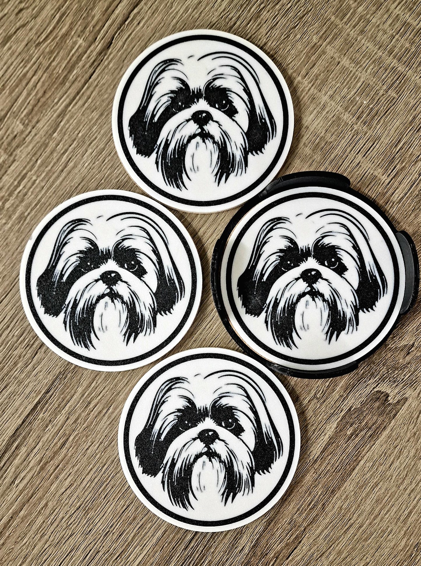 Set of 4 Shih Tzu Coasters with Holder | Black & White Dog Breed Drink Mats | Cork-Backed Pet Lover Gift