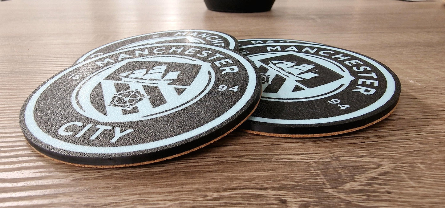 Set of 4 Manchester City Coasters | Black & Blue Drink Mats | Football Fan Gift