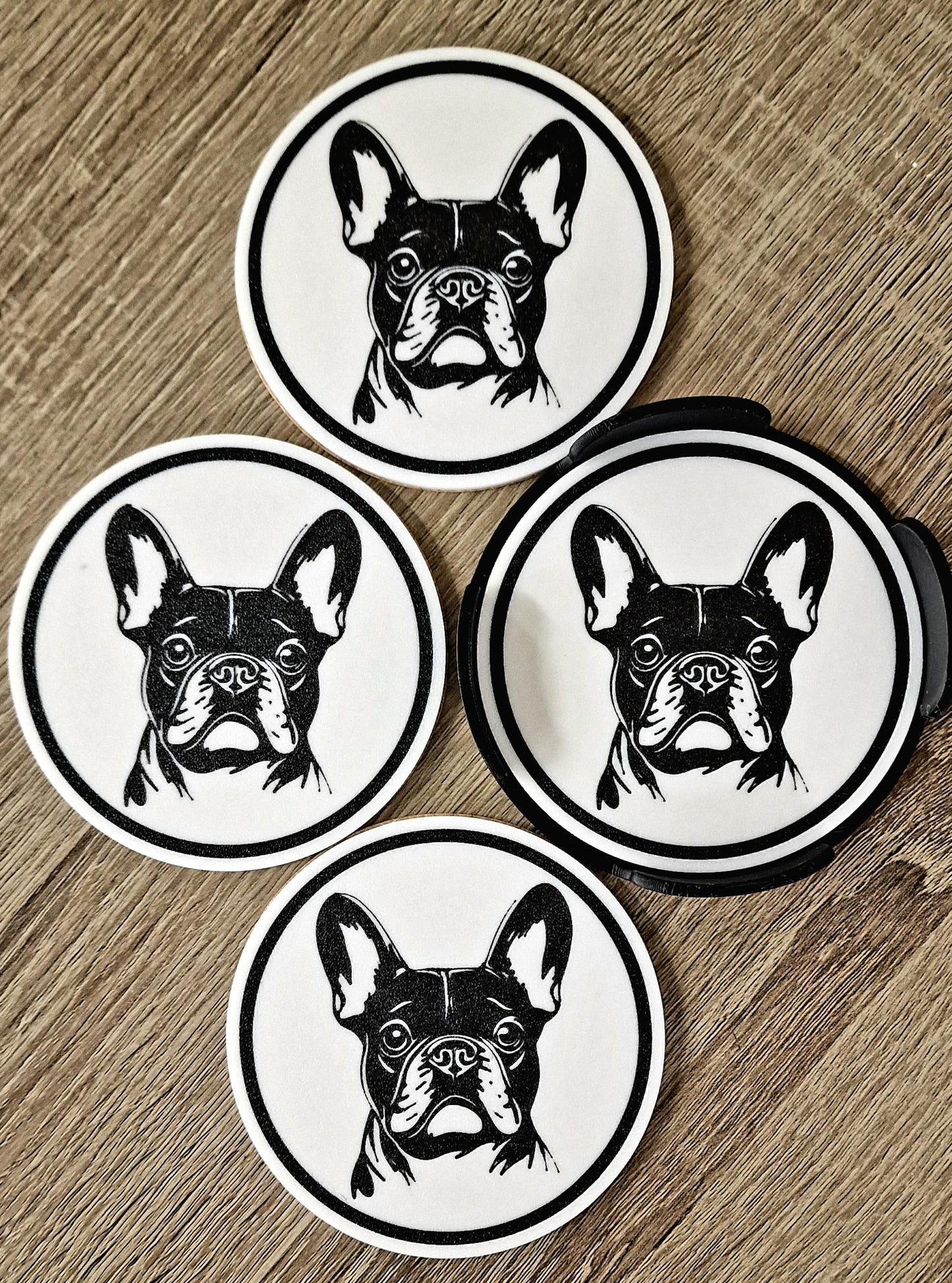 Set of 4 Black & White French Bulldog Coasters with Holder | Cork-Backed Drink Mats | Dog Lover Gift