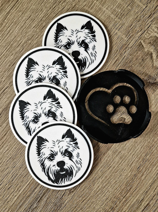Set of 4 Westie Coasters with Holder | Black & White West Highland Terrier Dog Gift | Cork-Backed Drink Mats