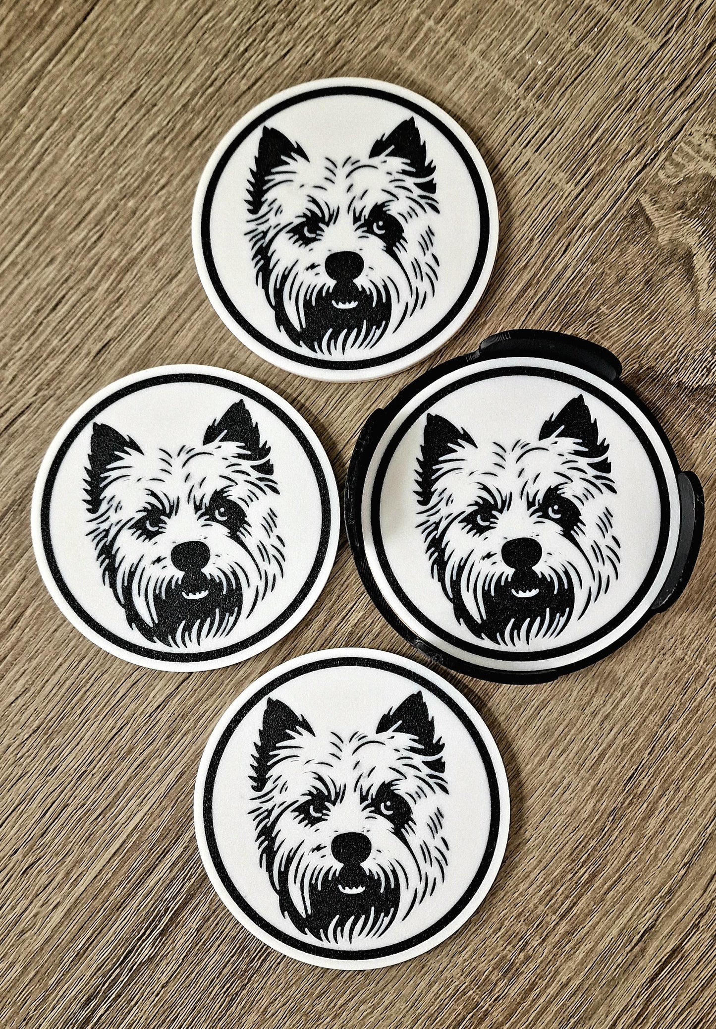 Set of 4 Westie Coasters with Holder | Black & White West Highland Terrier Dog Gift | Cork-Backed Drink Mats