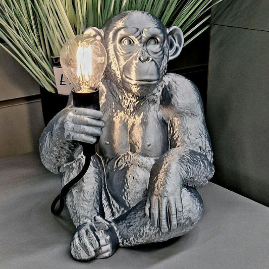 Silver Silk Effect Monkey Table Lamp | Dimmable LED Lighting | Unique Home Décor | Animal Lamp for Living Room, Bedroom, Gift Idea