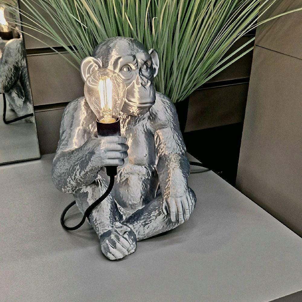 Silver Silk Effect Monkey Table Lamp | Dimmable LED Lighting | Unique Home Décor | Animal Lamp for Living Room, Bedroom, Gift Idea