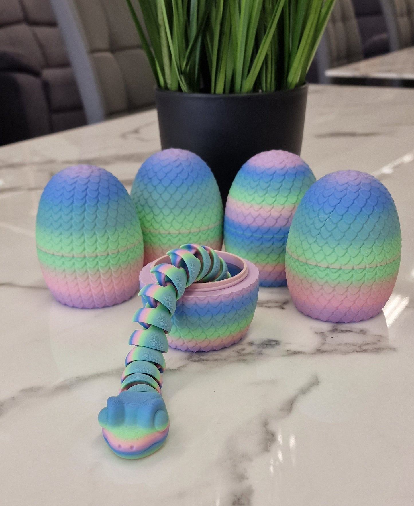 Rainbow Pastel Snake with Scaled Egg Pot – 3D Printed Fidget Toy