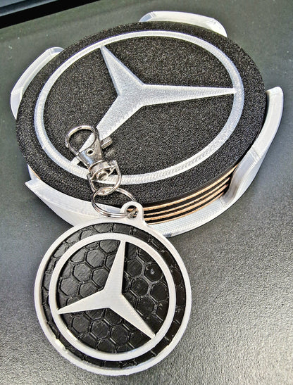 Mercedes Coaster & Keyring Gift Set – 3D Printed Desk & Home Accessories (Black & Silver)