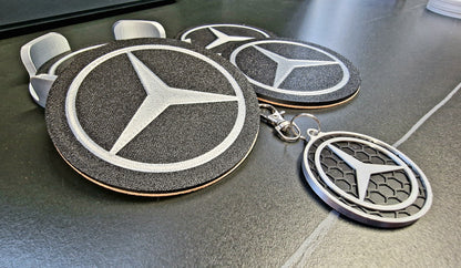 Mercedes Coaster & Keyring Gift Set – 3D Printed Desk & Home Accessories (Black & Silver)