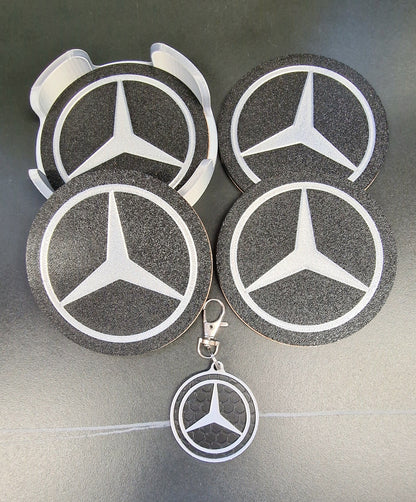 Mercedes Coaster & Keyring Gift Set – 3D Printed Desk & Home Accessories (Black & Silver)