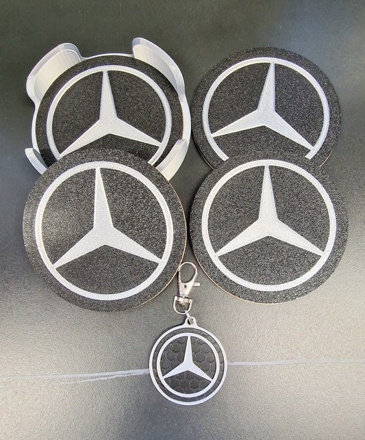 Mercedes Coaster & Keyring Gift Set – 3D Printed Desk & Home Accessories (Black & Silver)