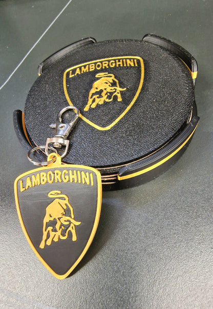 Lamborghini Coaster & Keyring Gift Set – 3D Printed Desk & Home Accessories (Black & Gold)