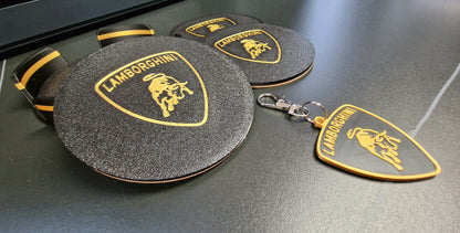 Lamborghini Coaster & Keyring Gift Set – 3D Printed Desk & Home Accessories (Black & Gold)