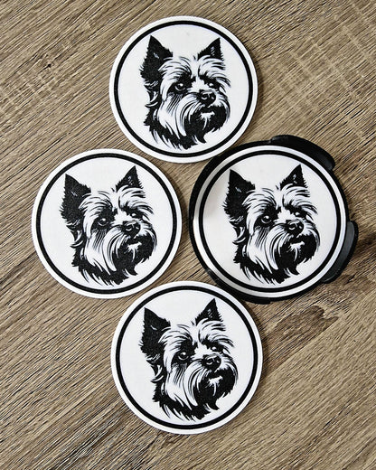 Set of 4 Yorkshire Terrier Coasters with Holder | Black & White Dog Breed Drink Mats | Cork-Backed Pet Lover Gift
