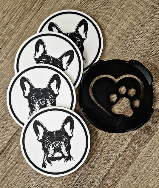 Set of 4 Black & White French Bulldog Coasters with Holder | Cork-Backed Drink Mats | Dog Lover Gift