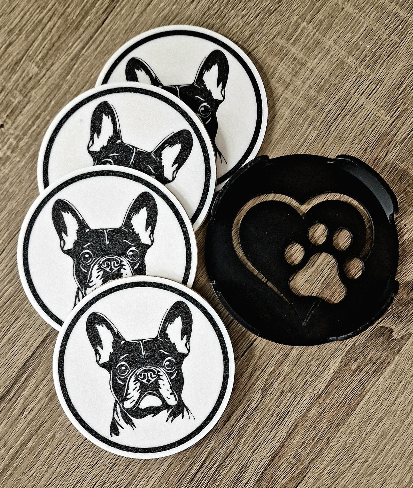 Set of 4 Black & White French Bulldog Coasters with Holder | Cork-Backed Drink Mats | Dog Lover Gift