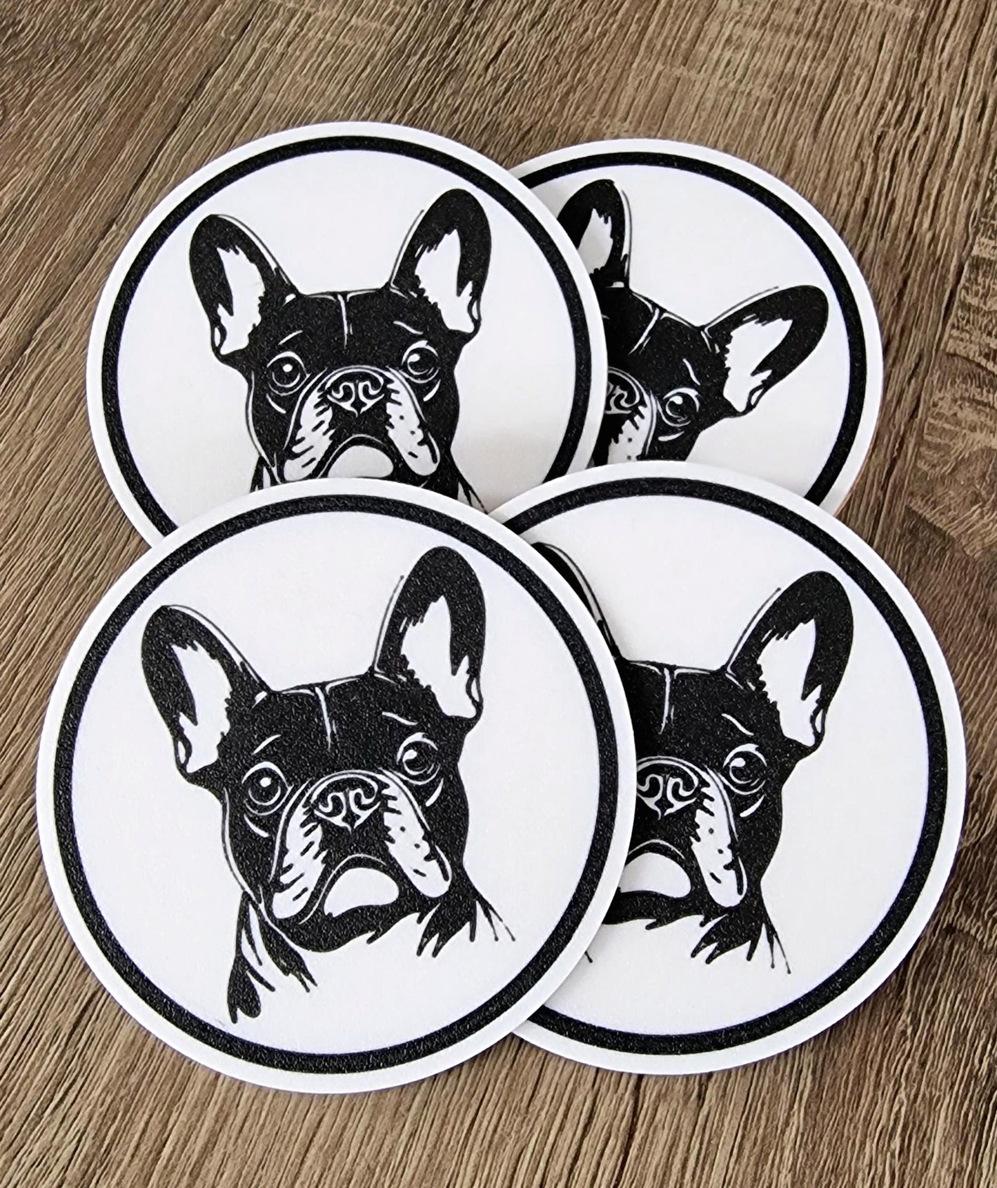Set of 4 Black & White French Bulldog Coasters with Holder | Cork-Backed Drink Mats | Dog Lover Gift