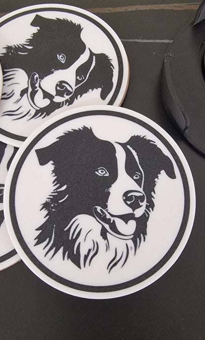 Set of 4 Collie Dog Coasters with Holder | Black & White Drink Mats | Cork-Backed Pet Lover Gift