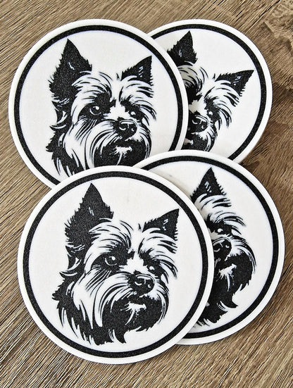 Set of 4 Yorkshire Terrier Coasters with Holder | Black & White Dog Breed Drink Mats | Cork-Backed Pet Lover Gift