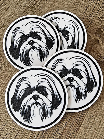 Set of 4 Shih Tzu Coasters with Holder | Black & White Dog Breed Drink Mats | Cork-Backed Pet Lover Gift